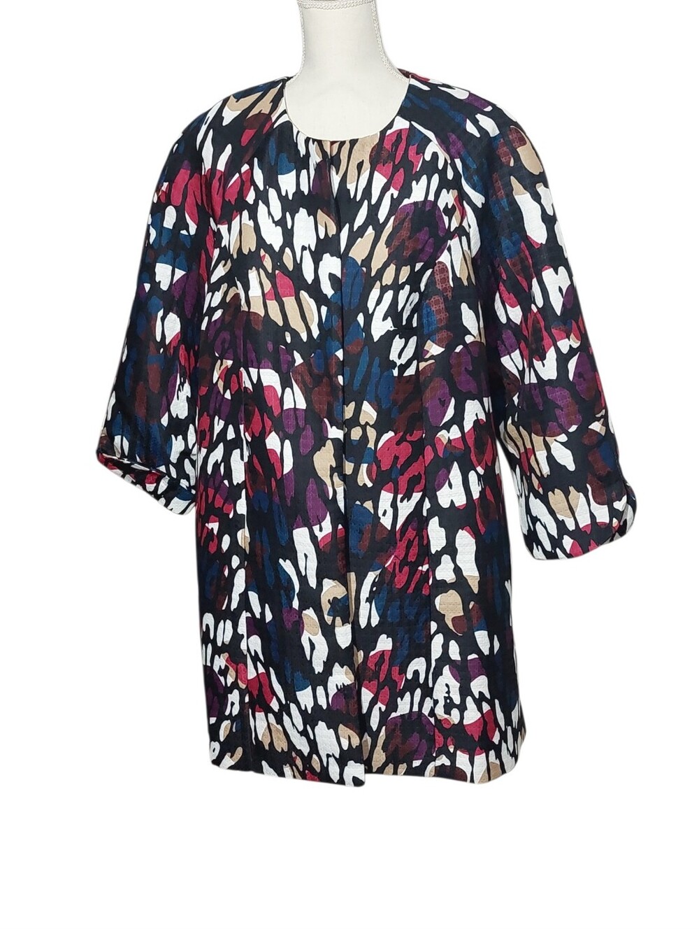 Jessica London Long Colorful Jacket 18w Pink Black White Open Front 3/4 Sleeve